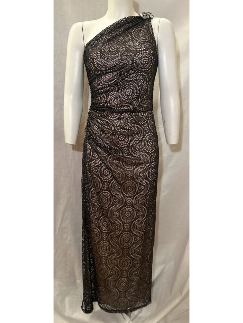 VTG Y2K Blondie Nites Prom Black Metallic Net Lace Off Shoulder Maxi Dress SZ S